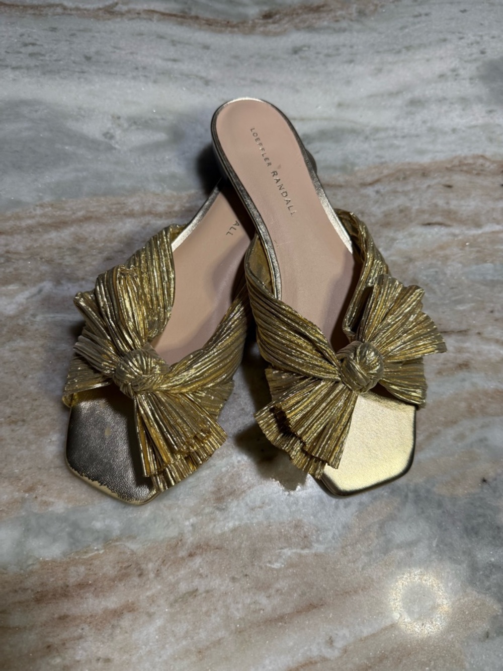 LOEFFLER RANDALL Gold Knot Slide Flat Sandals